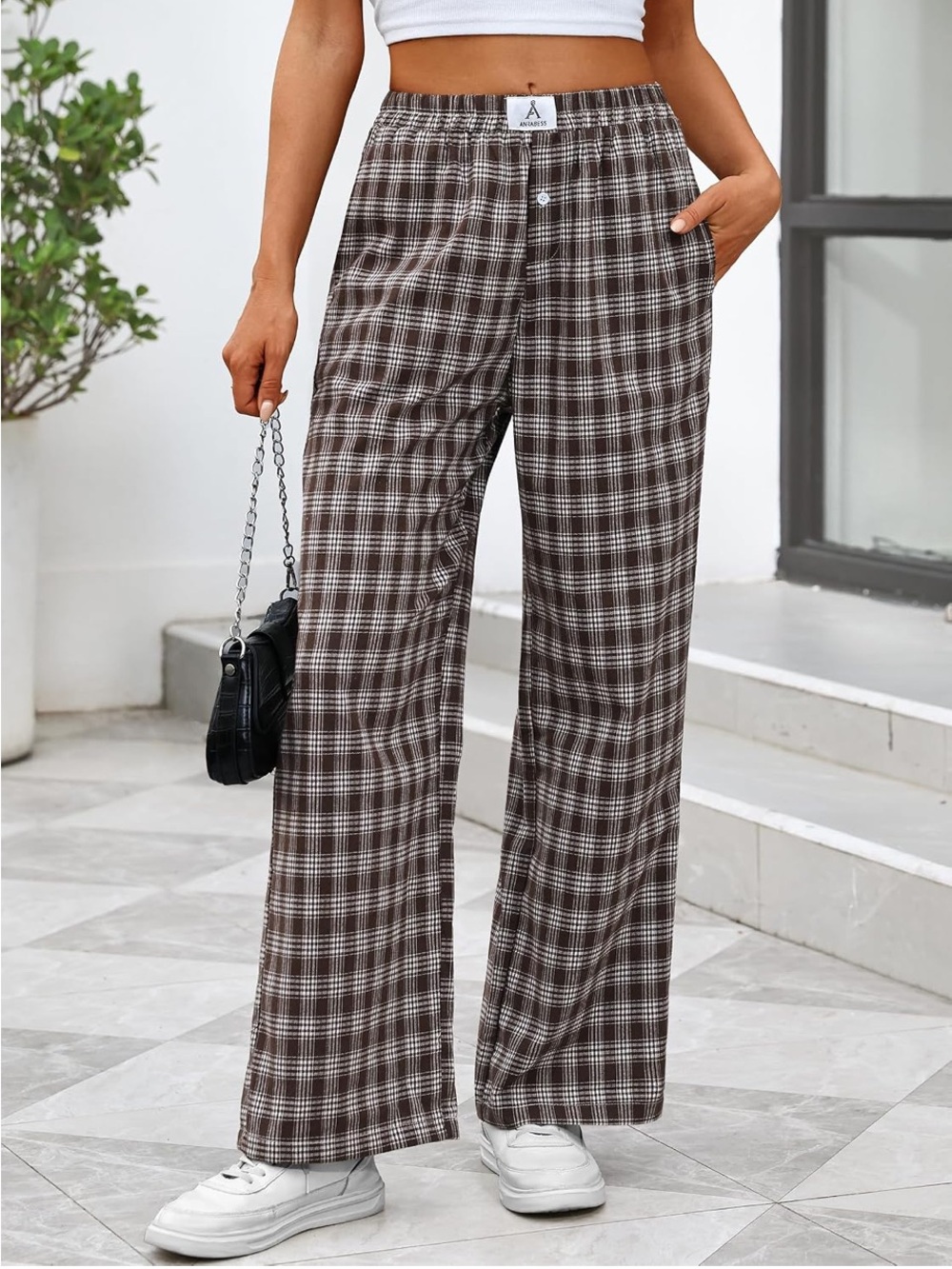 ANRABESS Womens Gingham Striped Boxer Pants Coffee Brown